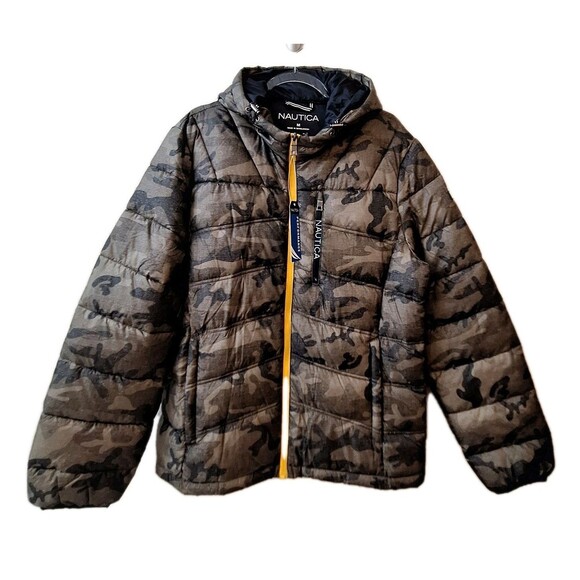 Nautica Poly Hooded Regular Fit Puffer Jacket Mens Sz Medium Green Camo NWT $175 - Picture 1 of 12